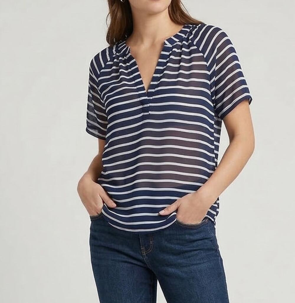 a.n.a A New Approach Blouse V Neck Short Sleeve Blue Stripe Small Sheer Top